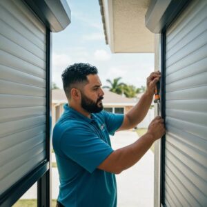 Installer fitting roll-down hurricane shutters on a house