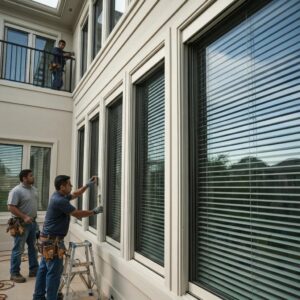 Professional installers fitting accordion shutters, demonstrating teamwork and precision