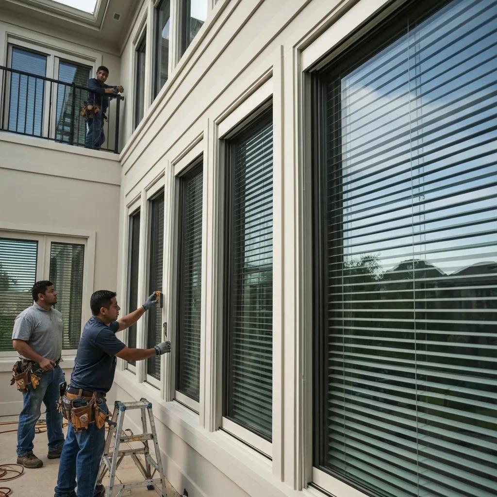 Professional installers fitting accordion shutters, demonstrating teamwork and precision