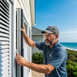 Technician installing accordion shutters on a coastal house, showing proper best-practice methods