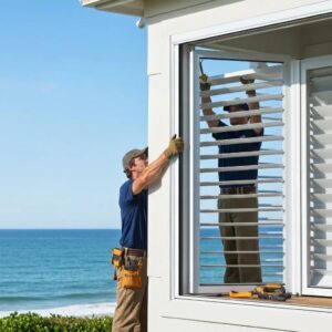Professional installing accordion shutters on a coastal home for hurricane protection