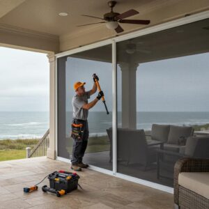 Professional installing hurricane screens on a patio, highlighting installation process and coastal setting