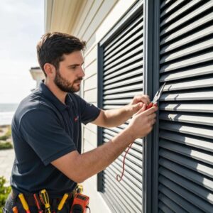 Technician inspecting accordion shutters during a professional maintenance visit