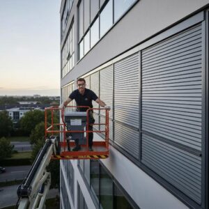 Certified technician installing accordion shutters on a multi-story building