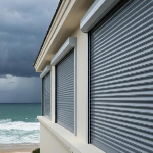 Roll down hurricane shutters on a coastal home against a stormy backdrop, highlighting their protective features
