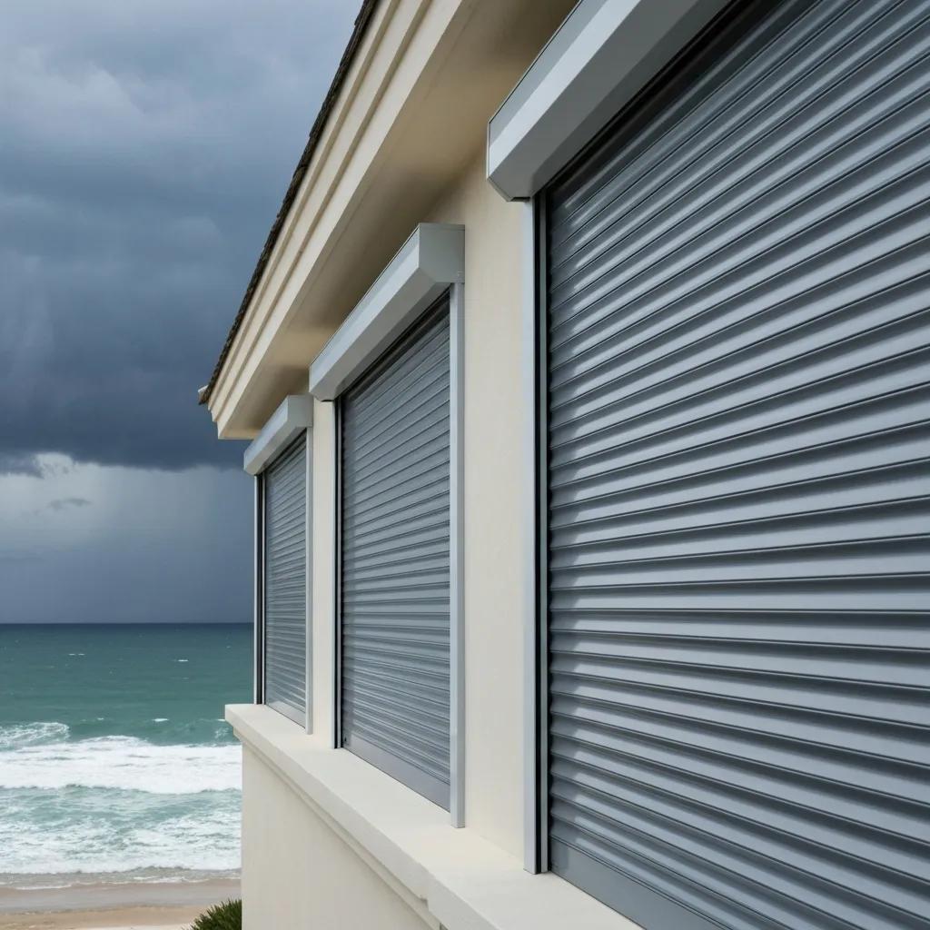Roll down hurricane shutters on a coastal home against a stormy backdrop, highlighting their protective features