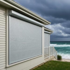 Roll down hurricane shutters on a coastal home, demonstrating storm protection features