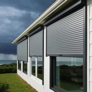 Roll down hurricane shutters on a coastal home, demonstrating storm protection features
