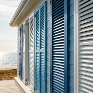 Roll-down hurricane shutters on a coastal home, highlighting energy efficiency and storm protection