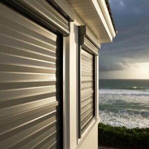 Roll down hurricane shutters on a coastal home, illustrating storm protection and design