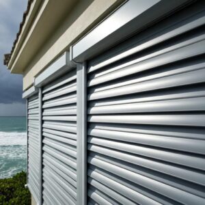 Roll down hurricane shutters on a coastal home, illustrating storm protection and energy efficiency