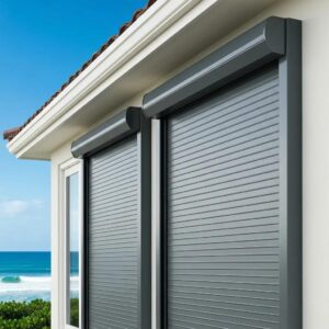 Roll down hurricane shutters on a coastal home, showcasing storm protection and modern design