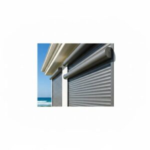 Roll down hurricane shutters on a coastal home, showcasing storm protection features