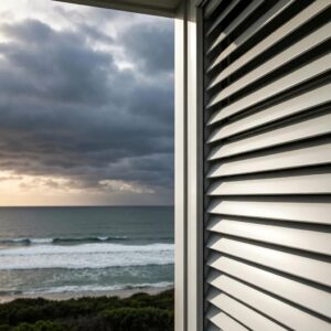 Roll down hurricane shutters on a coastal home, showcasing storm protection features