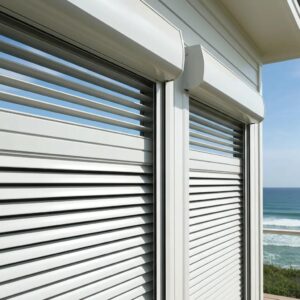 Roll down hurricane shutters on a coastal home, showcasing storm protection features