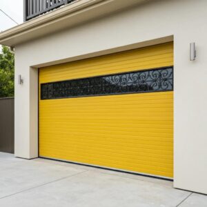 Roll-down shutters rolled into a housing box above a modern coastal window, showing the hidden storage and clean look