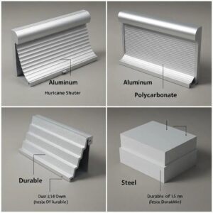 Aluminum, polycarbonate, and steel shutter slat samples displayed for comparison