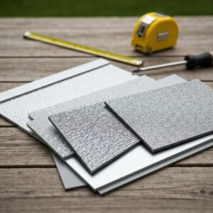 Samples of aluminum, polycarbonate, and steel used for roll‑down hurricane shutters showing material differences