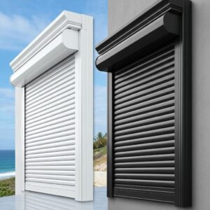 Aluminum and steel roll‑down shutters side by side, illustrating differences in strength and durability
