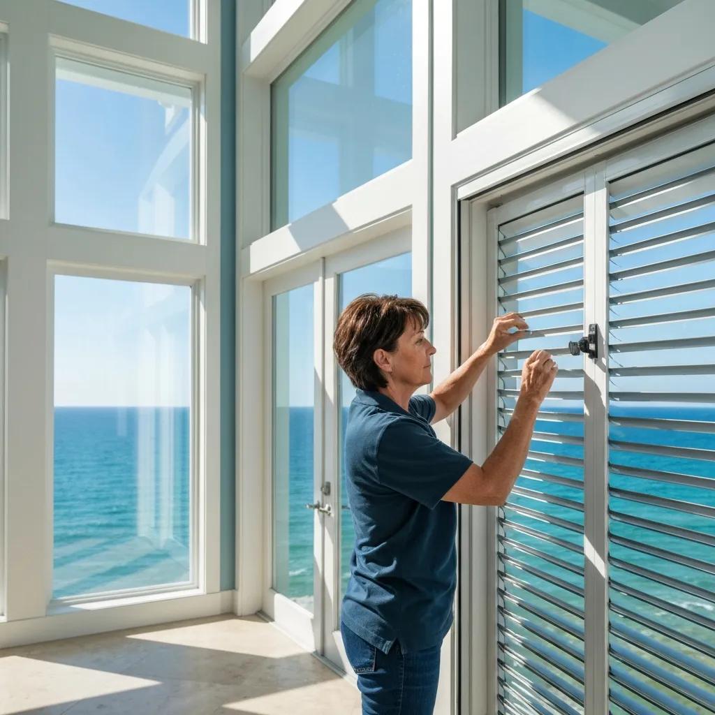 Technician-inspecting-accordion-shutters-for-compliance-with-building-codes-b6a4111a-94ec-4307-b739-0c1c30818021webp - american hurricane shutters Technician repairing a stuck accordion shutter during a service visit