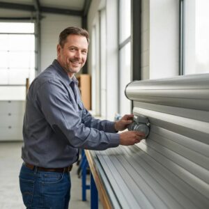 Technician checking a roll down shutter motor and slats