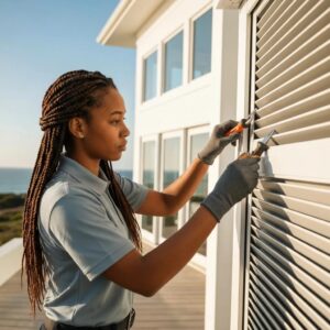 Technician performing maintenance on accordion shutters to ensure long-term reliability