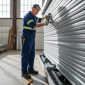 Technician performing maintenance on a roll‑down shutter with tools