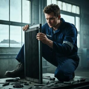 Technician repairing accordion shutters — outlining maintenance and repair work