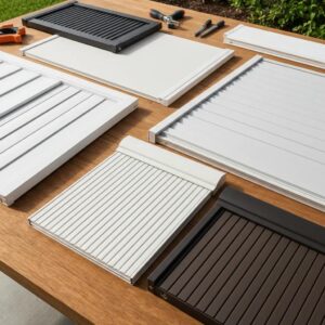 Several hurricane shutter styles arranged to show material and installation differences