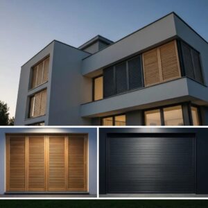 Various styles of modern accordion shutters displayed on a contemporary home facade