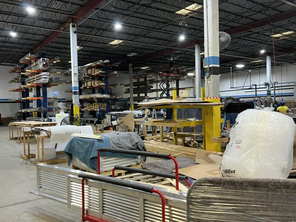 Brunswick County Hurricane Shutters factory with materials, in Oak Island. Hurricane protection products ready for