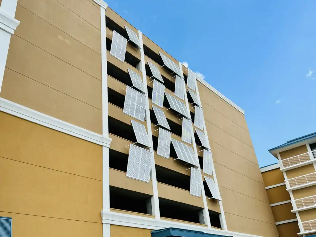 Myrtle Beach parking garage with hurricane louver panels. Experts in shutter solutions for storm protection and building